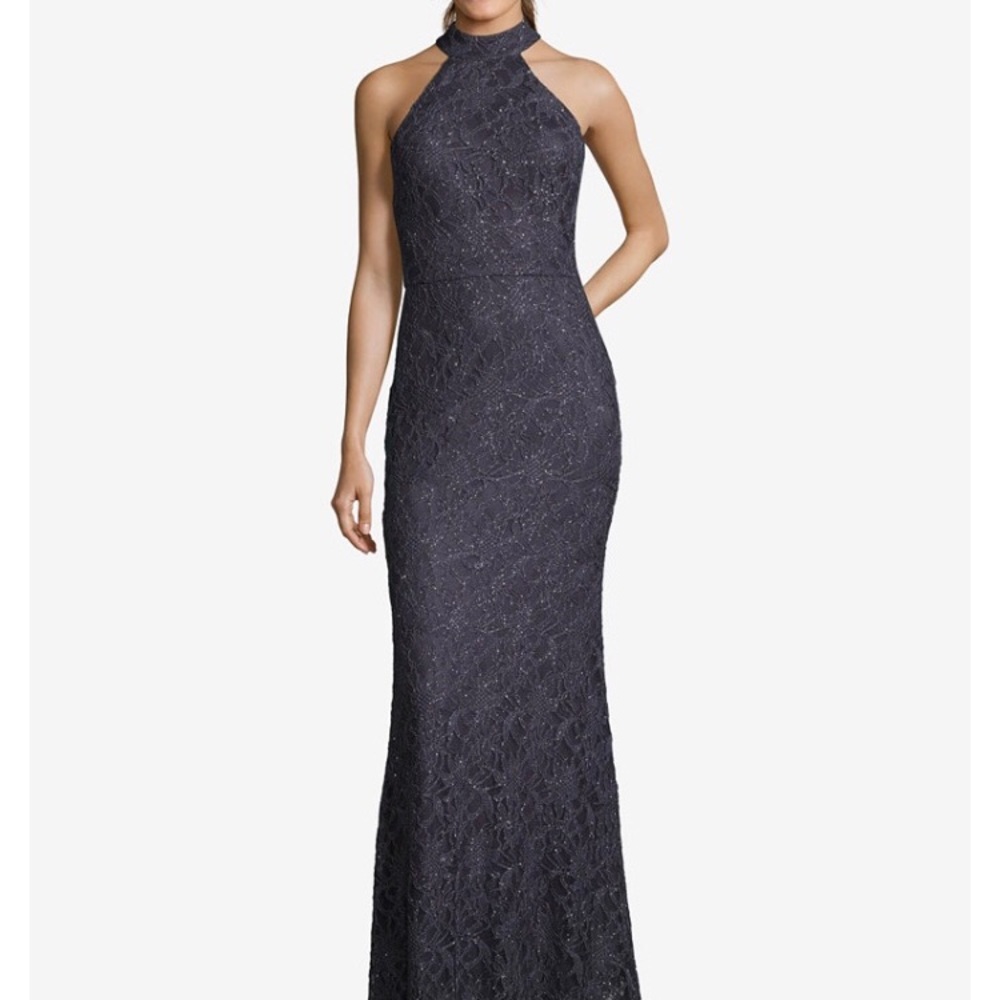 Betsy & Adam Glitter Lace halter gown